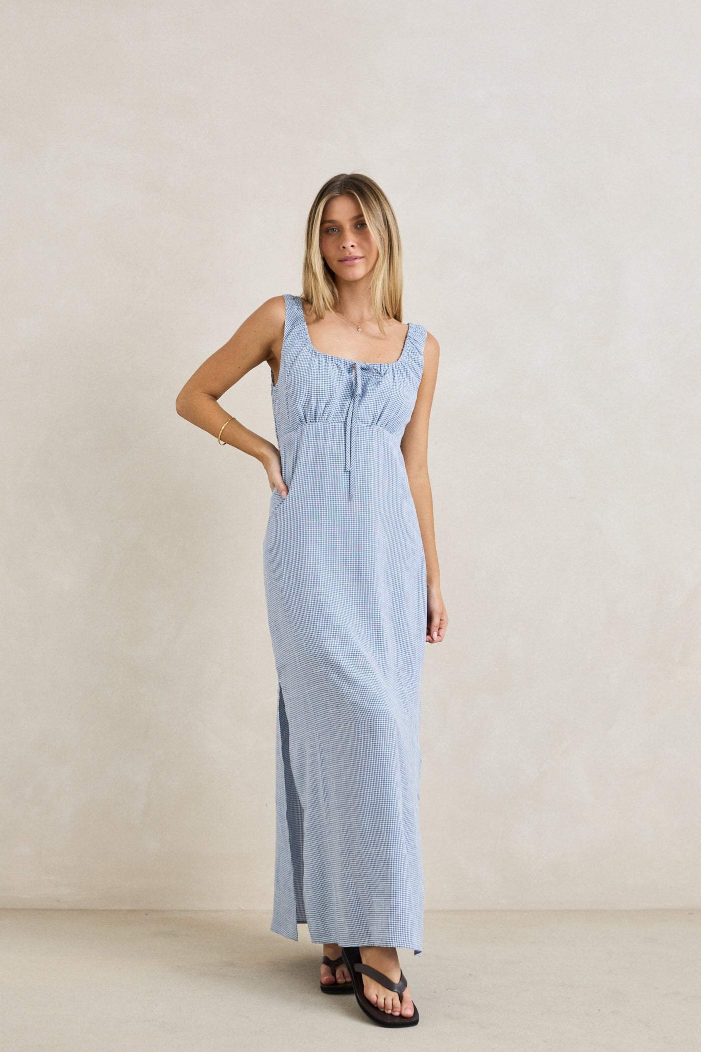 Del Rio Gathered Maxi Dress Blue Check – Rhythm