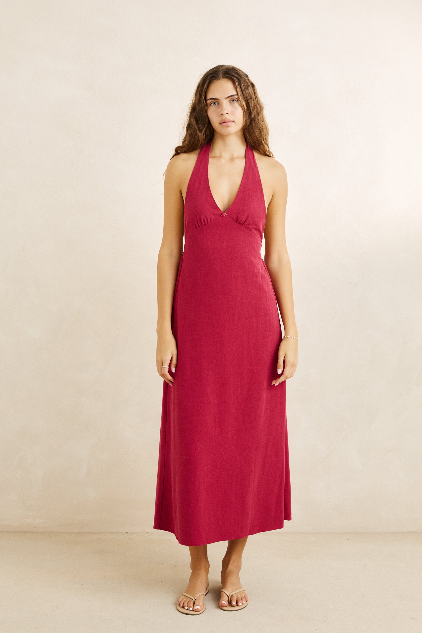 Sunny Days Linen Halter Neck Maxi Dress Wine – Rhythm