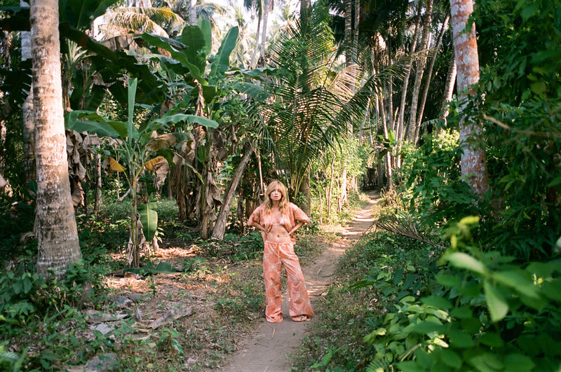 Stamped Floral Linen Pant Coral