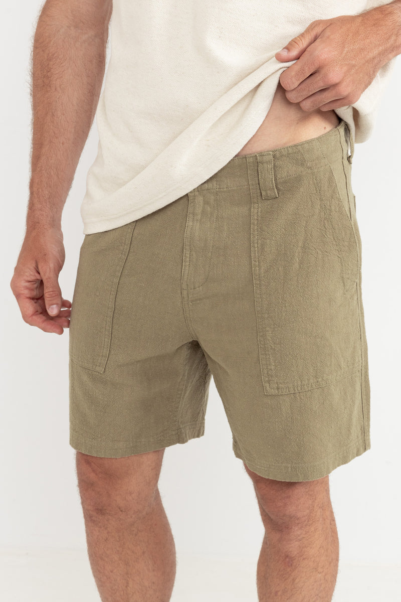 Worn Path Textured Linen Short Olive