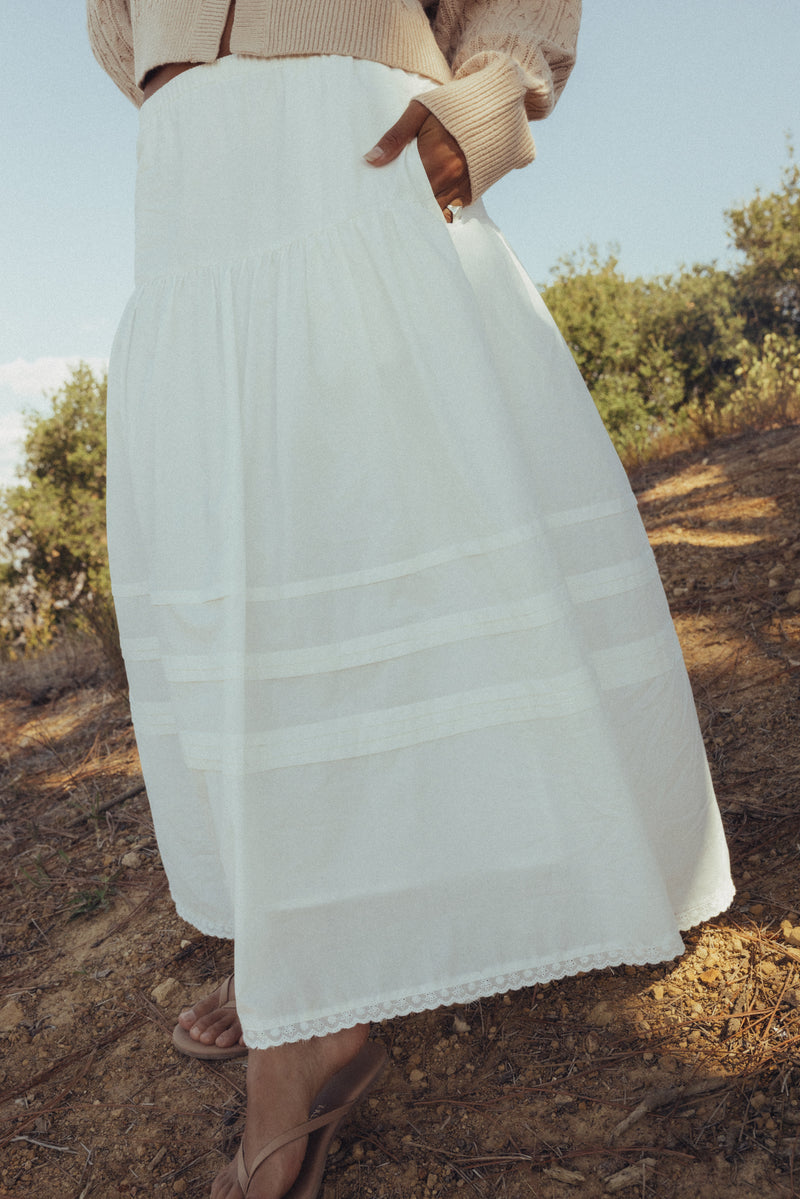 Solene Ruffle Midi Skirt White