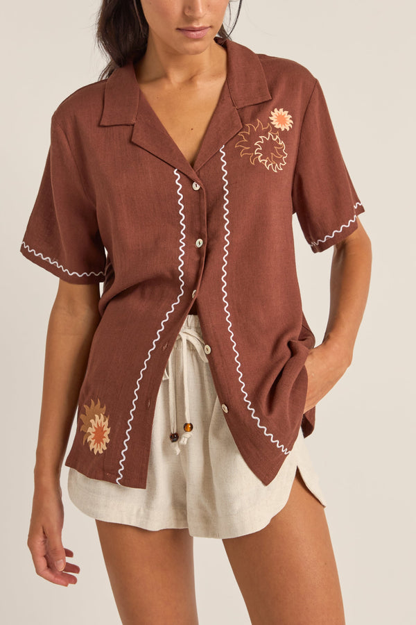 Solis Embroidered Short Sleeve Shirt Chocolate