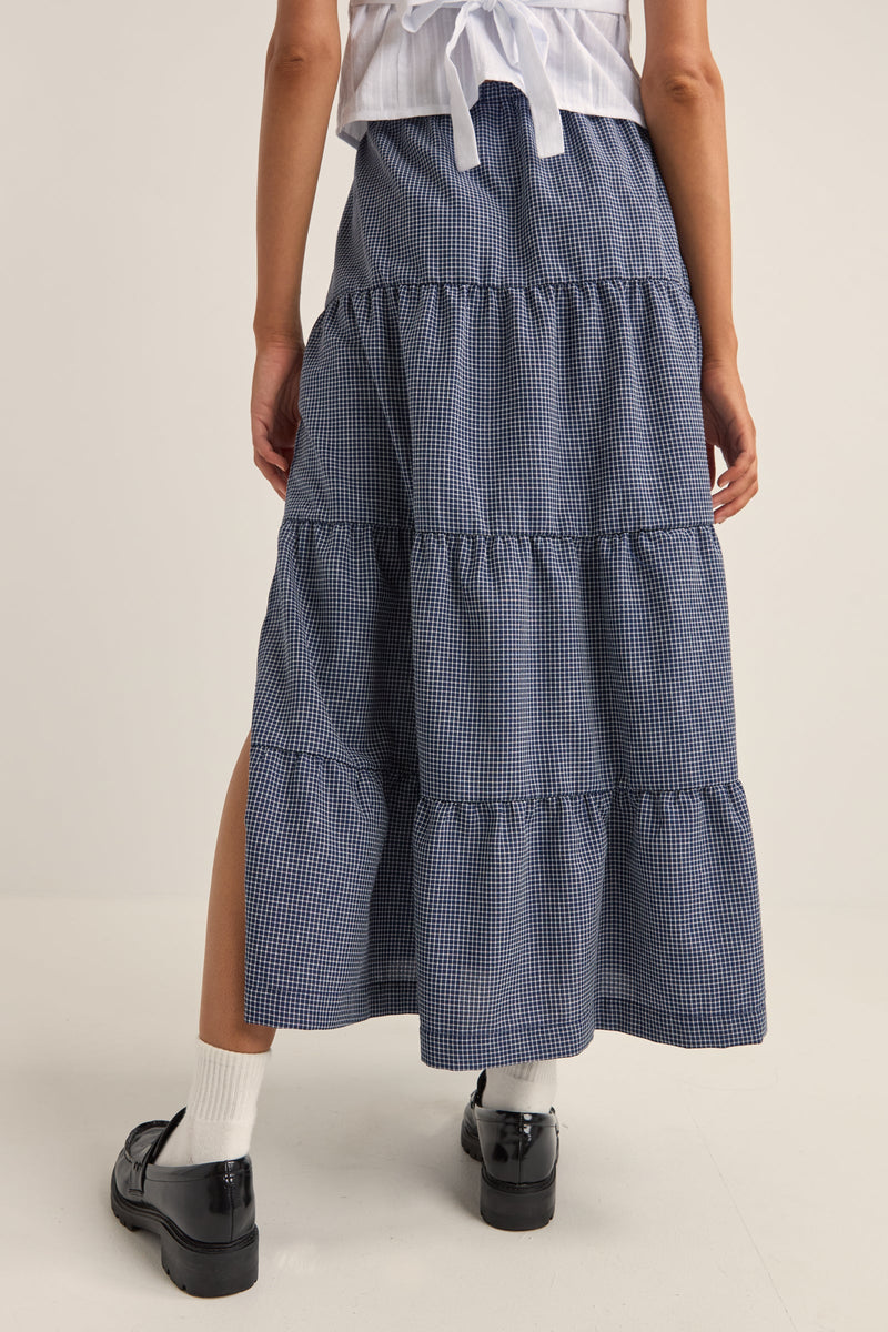 Lola Check Tiered Maxi Skirt Navy