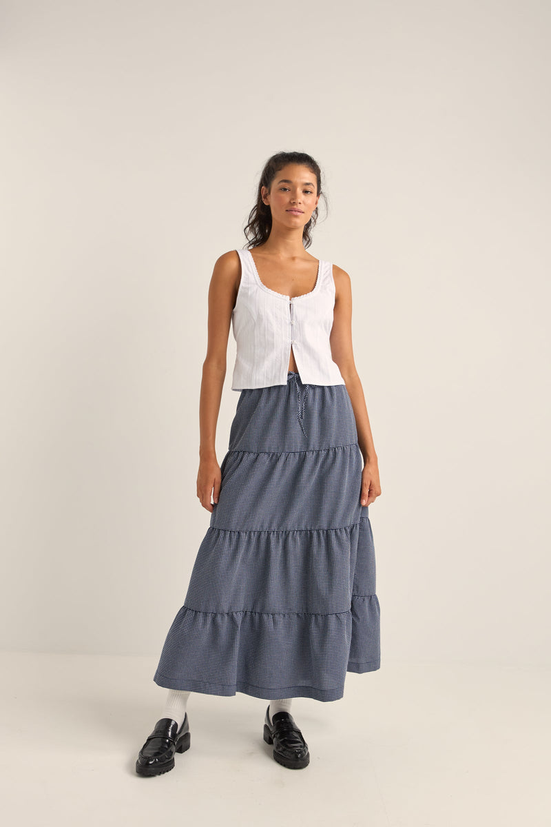 Lola Check Tiered Maxi Skirt Navy