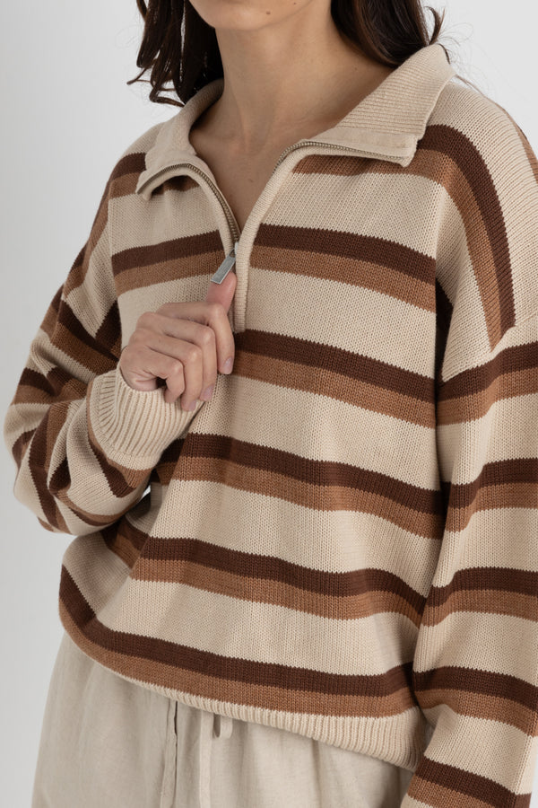 1/4 Zip Isla Striped Jumper Coffee