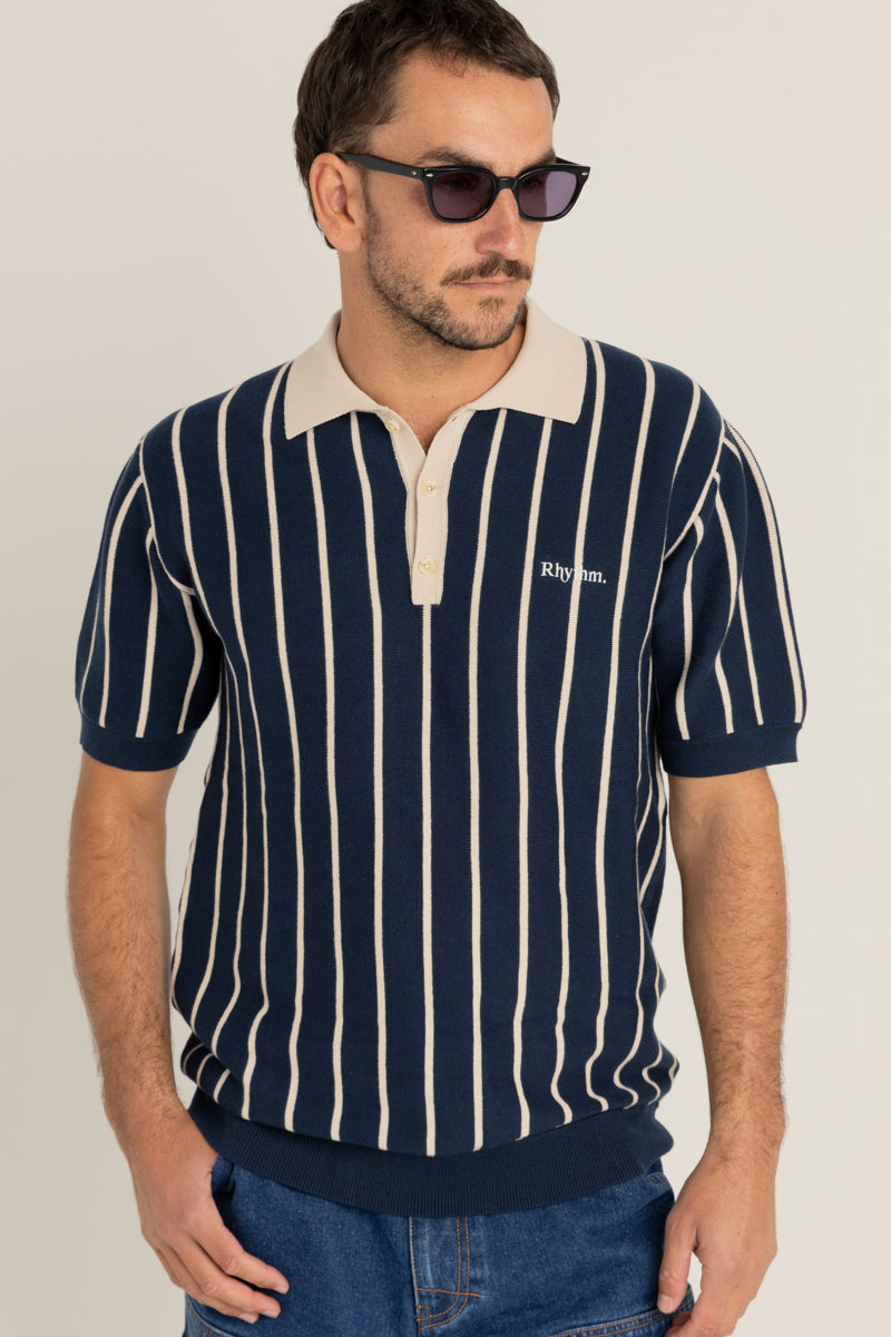 Striped Knit Ss Polo Navy