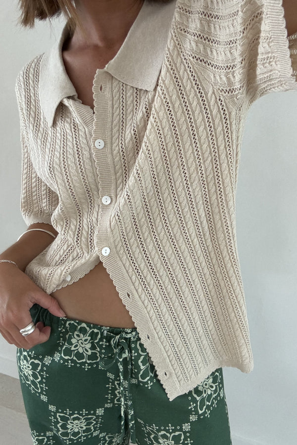 Scallop Knit Ss Shirt Cream