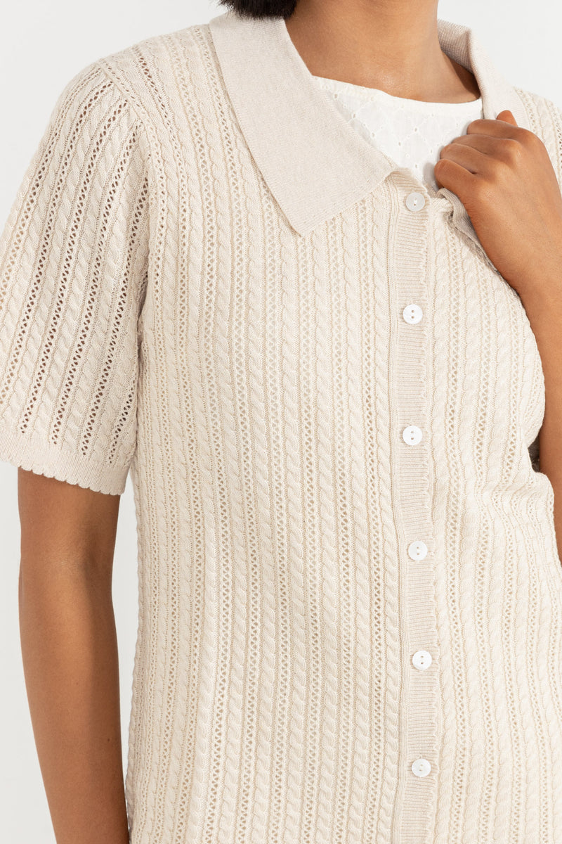 Scallop Knit Ss Shirt Cream