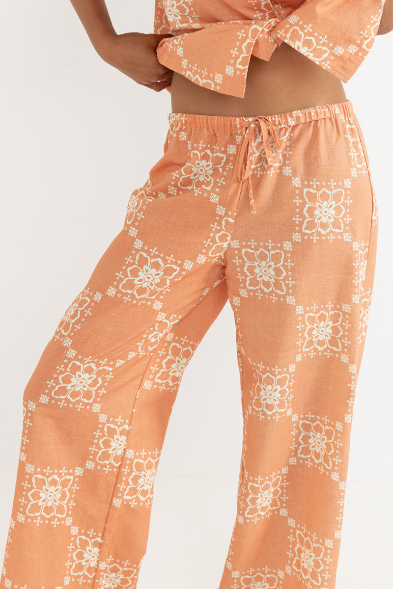 Stamped Floral Linen Pant Coral