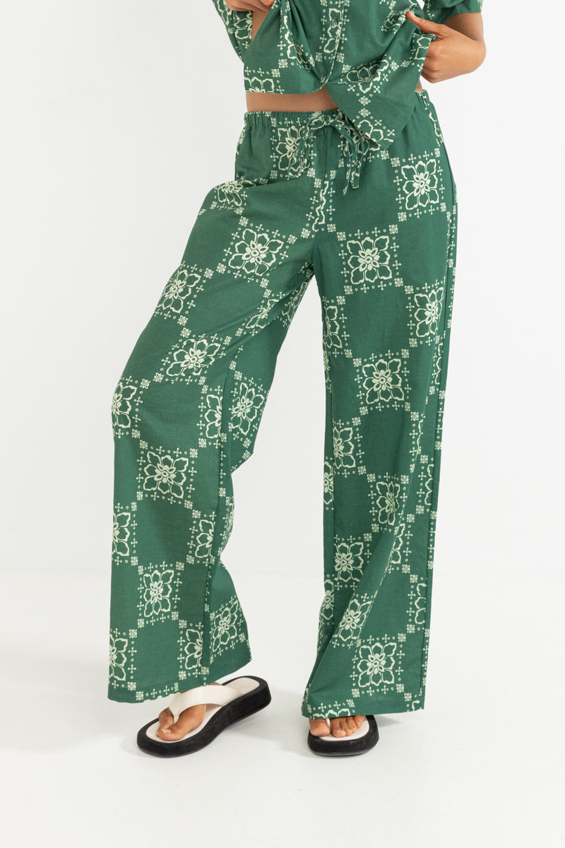 Stamped Floral Linen Pant Jade