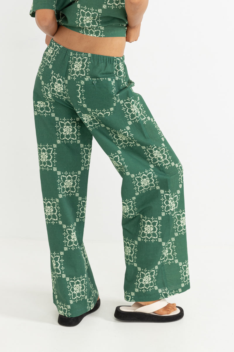 Stamped Floral Linen Pant Jade