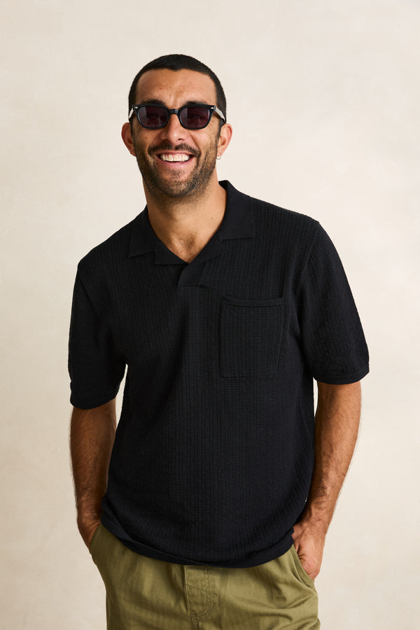 Textured Knit Johnny Polo Black