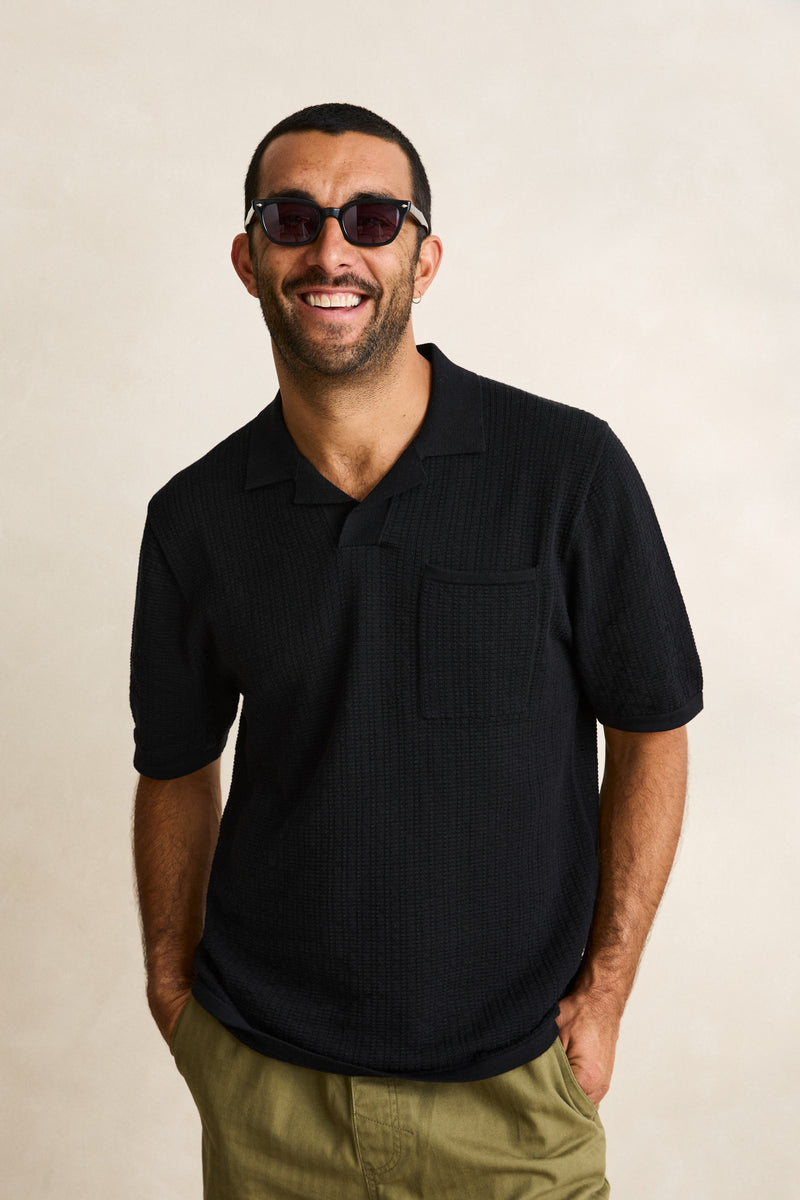Textured Knit Johnny Polo Black