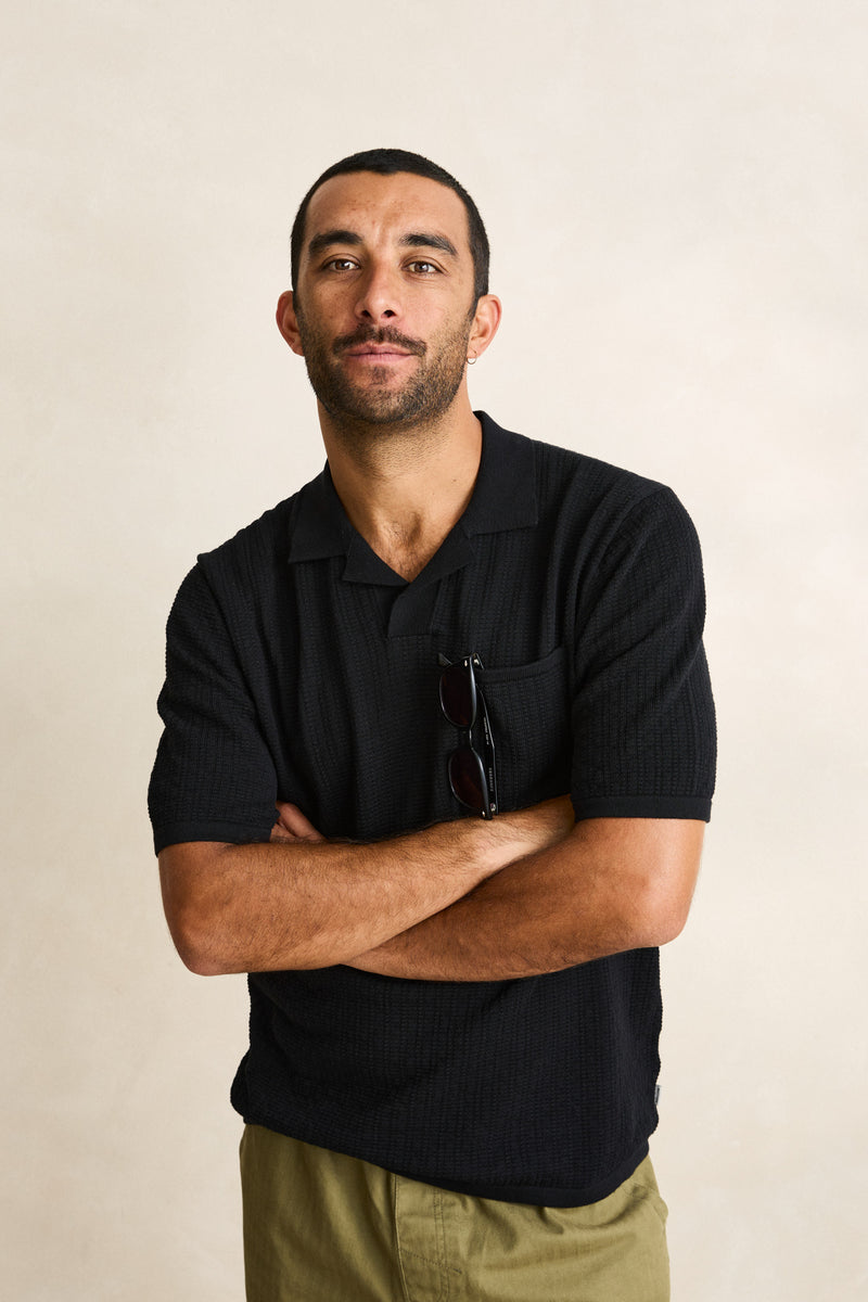 Textured Knit Johnny Polo Black