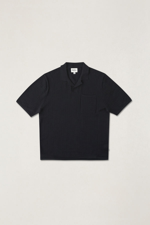 Textured Knit Johnny Polo Black