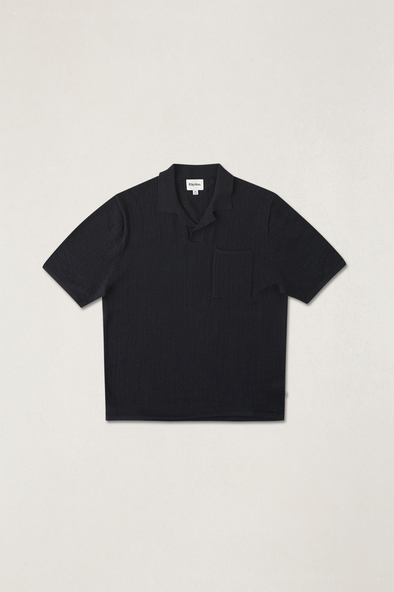 Textured Knit Johnny Polo Black