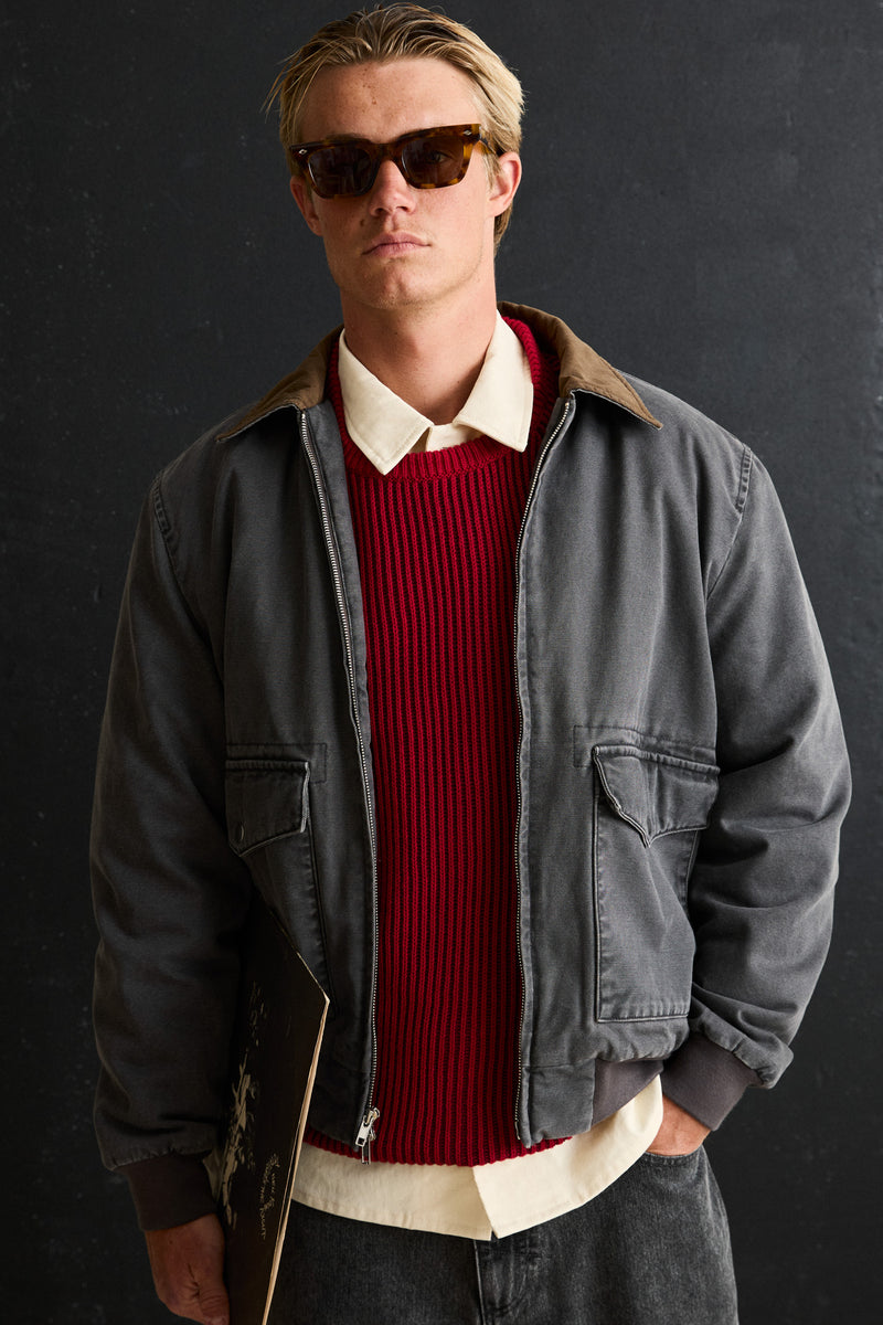 Washed Canvas Bomber Jacket Charcoal