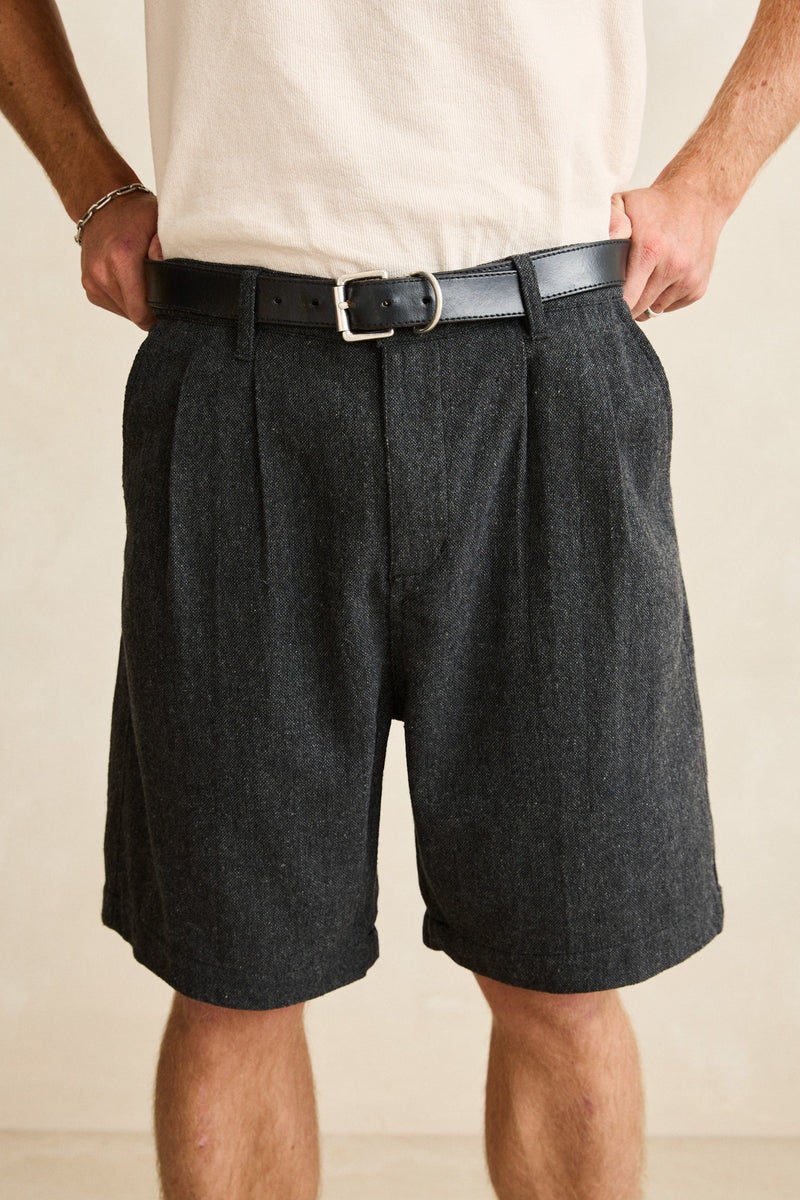 Relaxed Double Pleat Tweed Short Granite