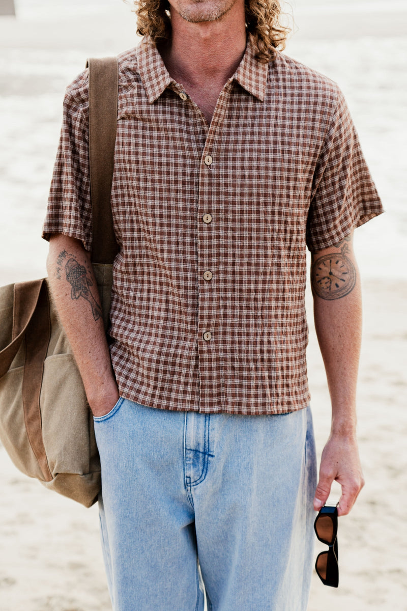 その他 TEN CHECK SHIRT XL BROWN 3S-SS24-OPEN-COLLAR-SHIRT-