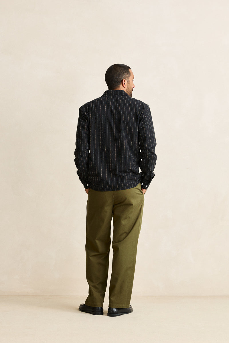 Essential Linen Stripe Overshirt Black