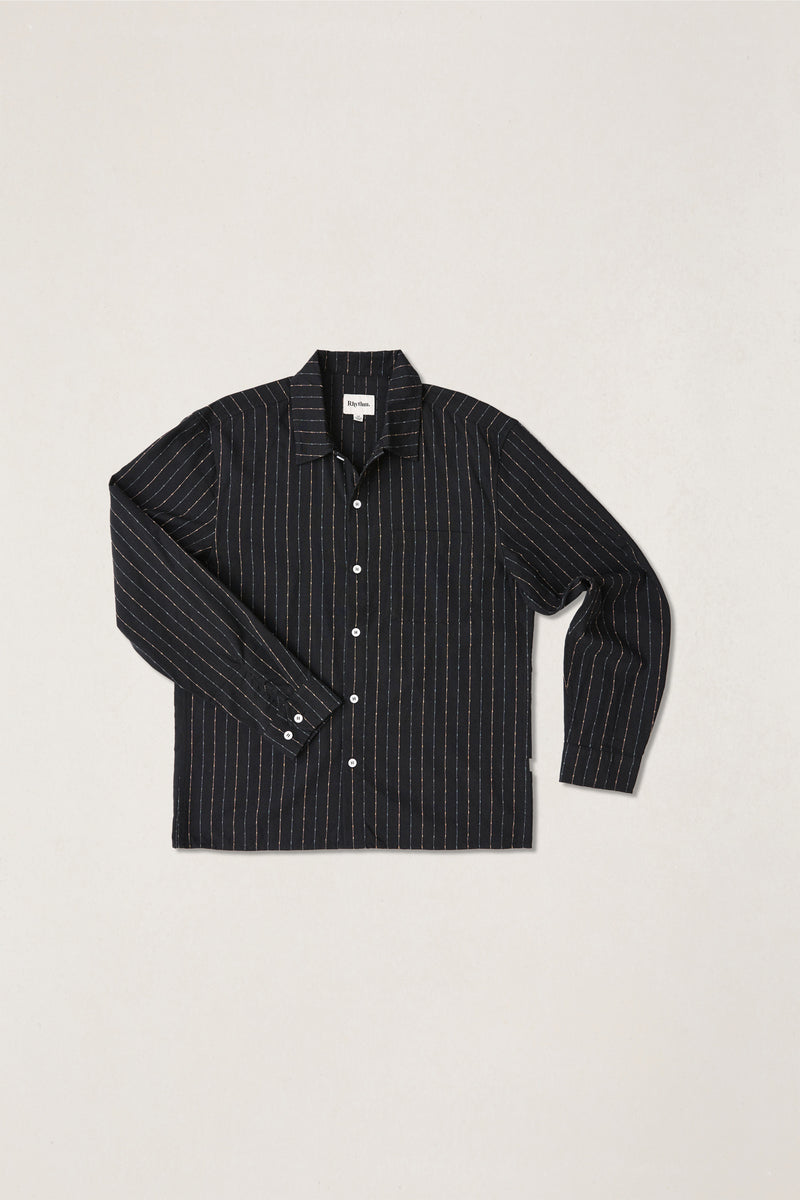 Essential Linen Stripe Overshirt Black