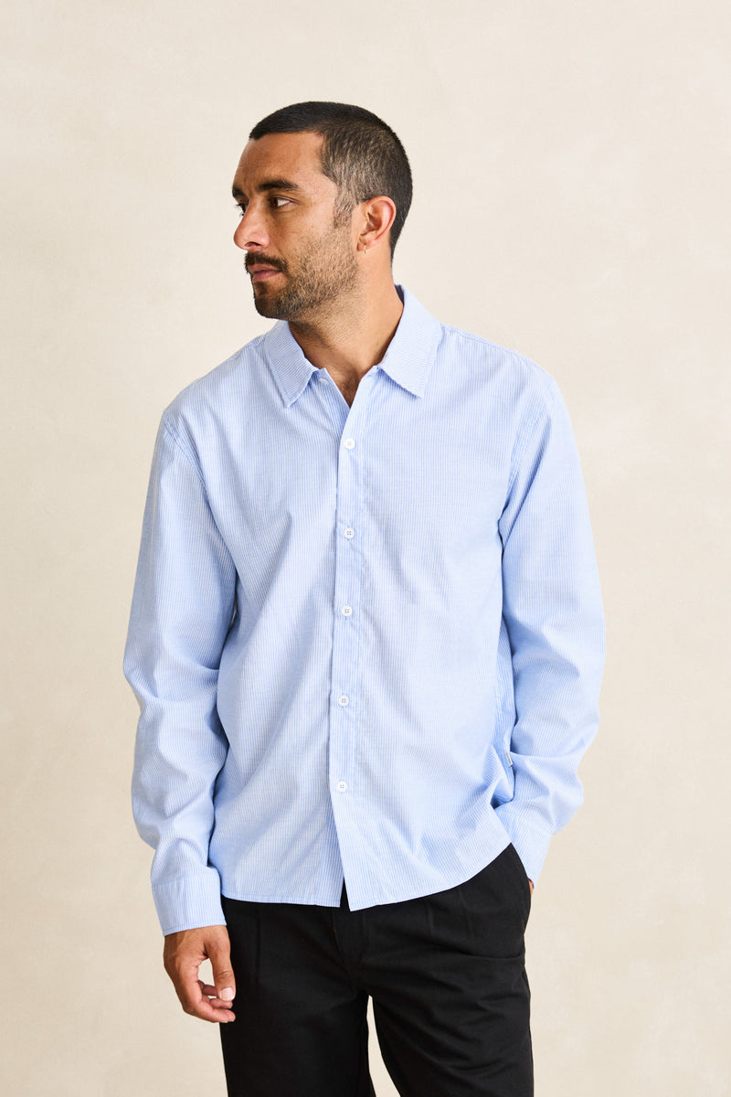 Essential Linen Stripe Ls Shirt Navy