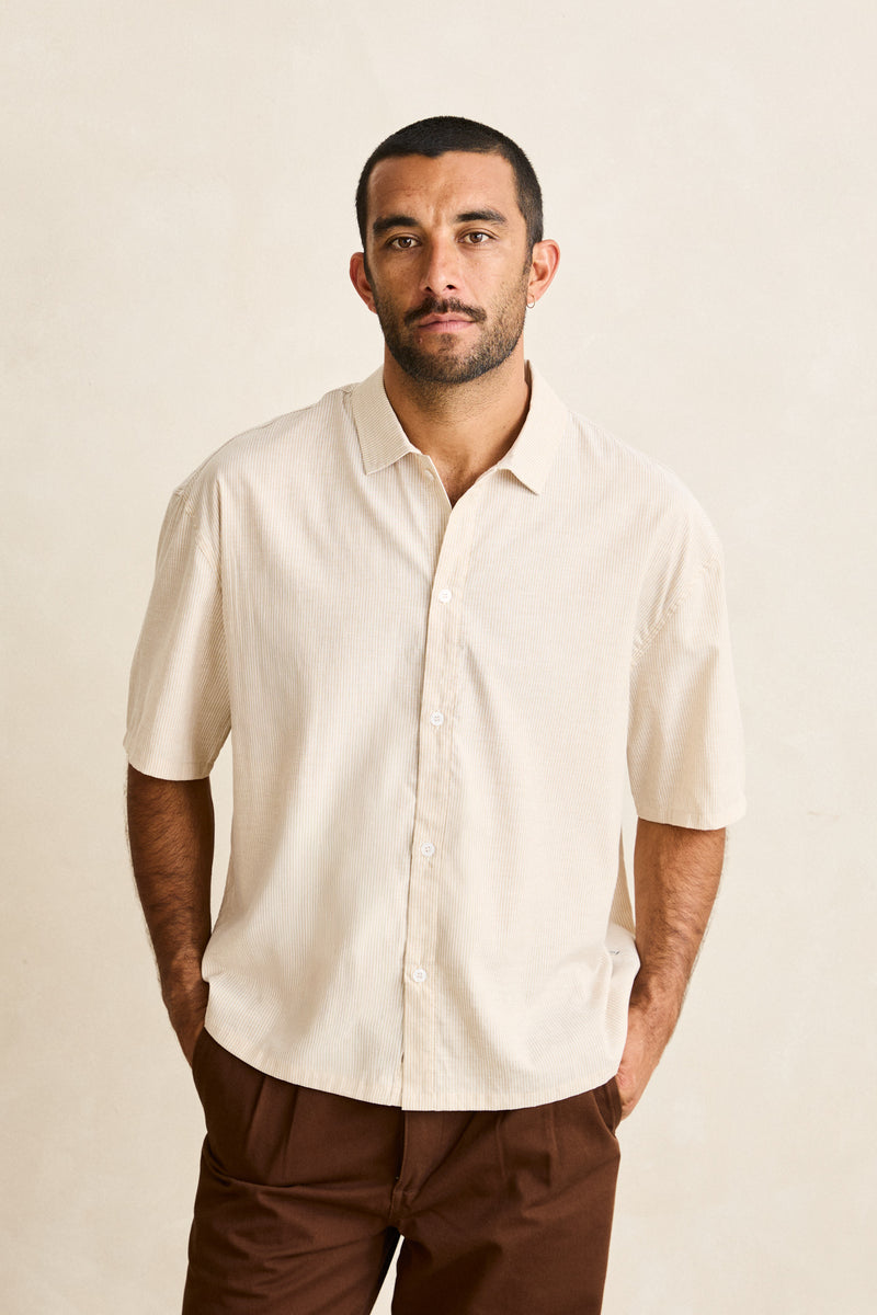 Essential Linen Stripe Ss Shirt Natural