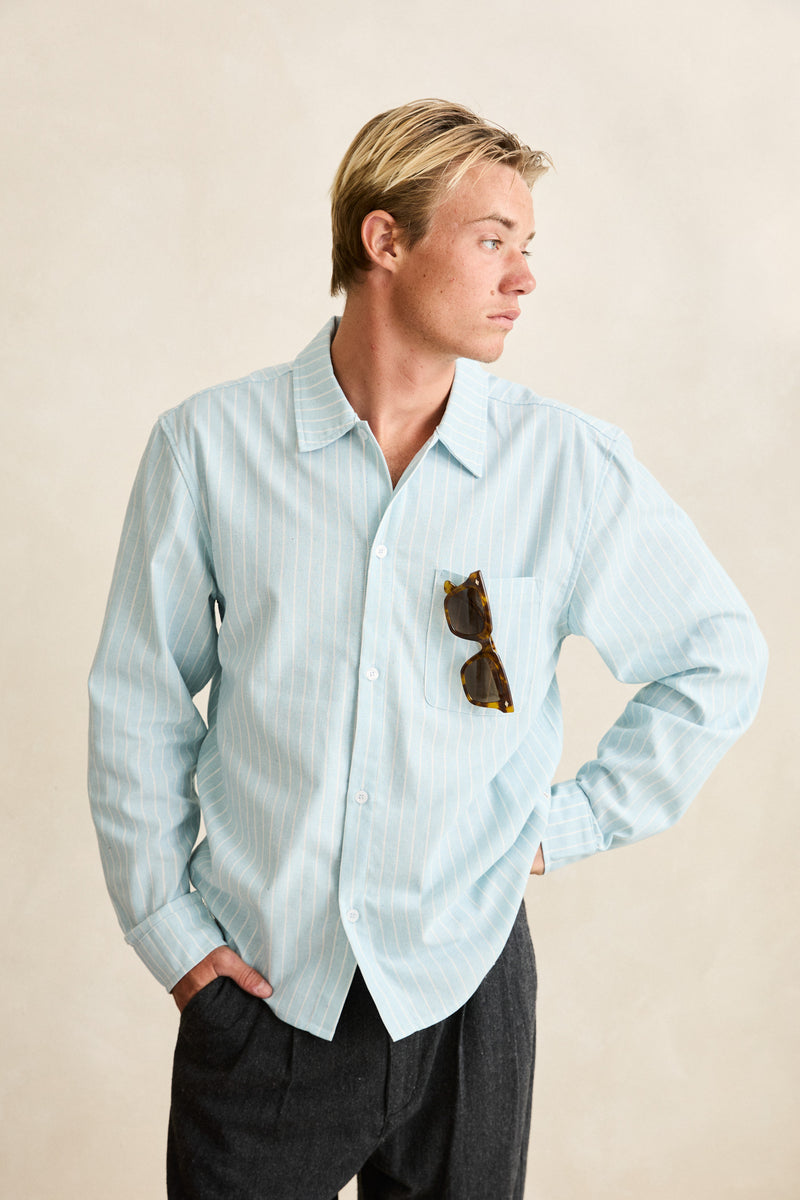Linen Pin Stripe Ls Shirt Mist