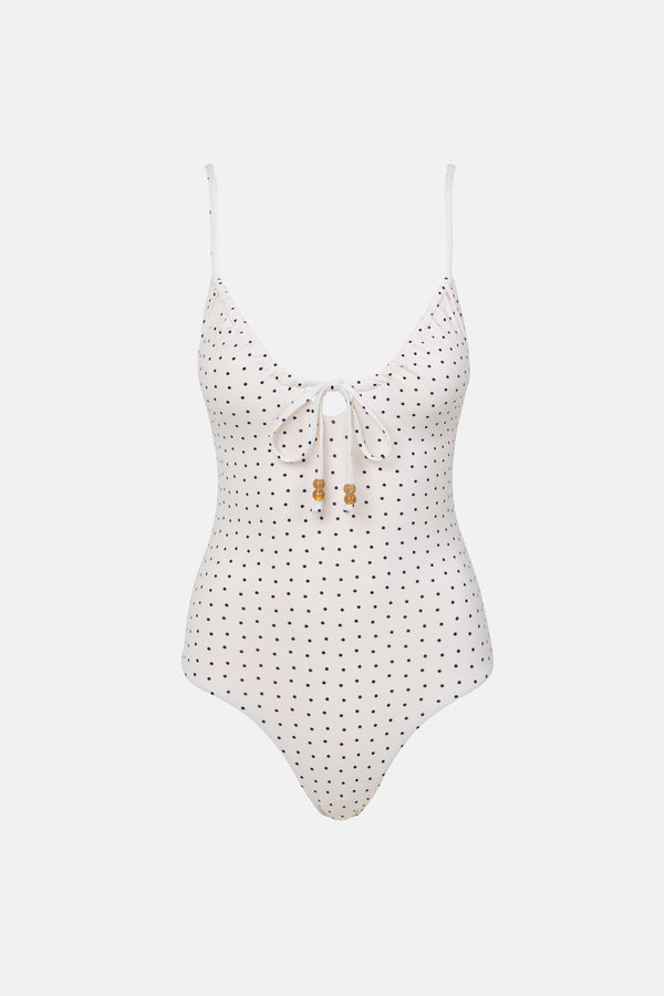 Polka Dot Tie Front One Piece Cream