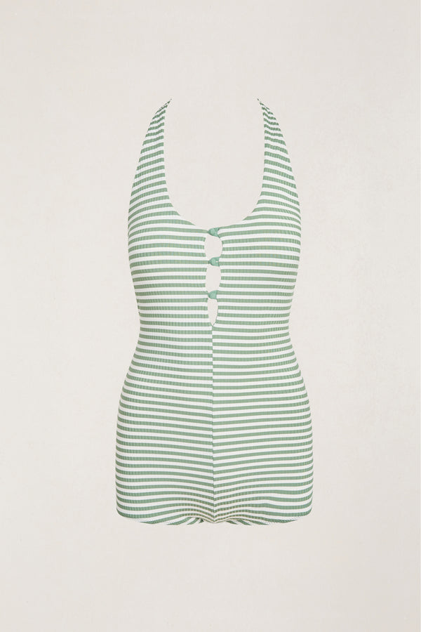 Harbor Stripe Rib Surf Short One Piece Olive