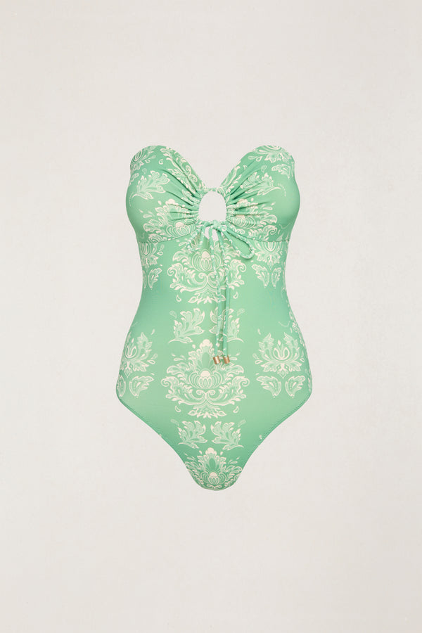 Brocade Tie Front Strapless One Piece Palm