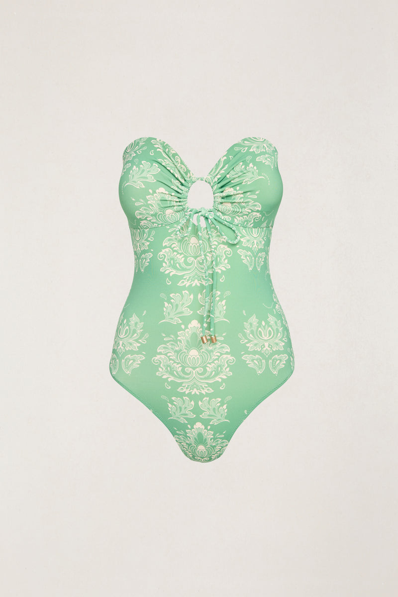 Brocade Tie Front Strapless One Piece Palm