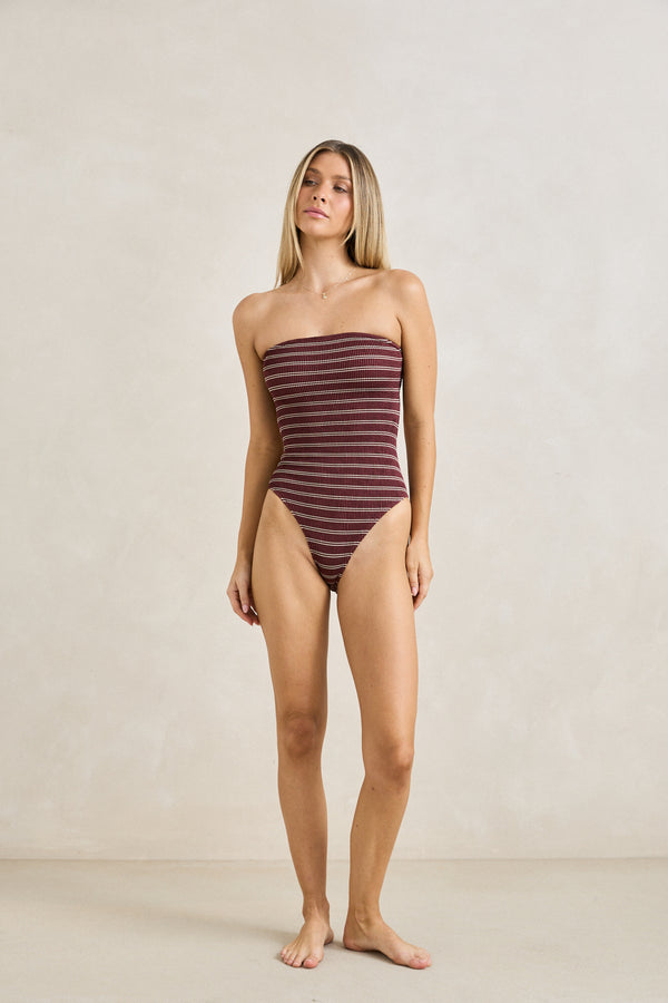 Sol Stripe Strapless One Piece Merlot