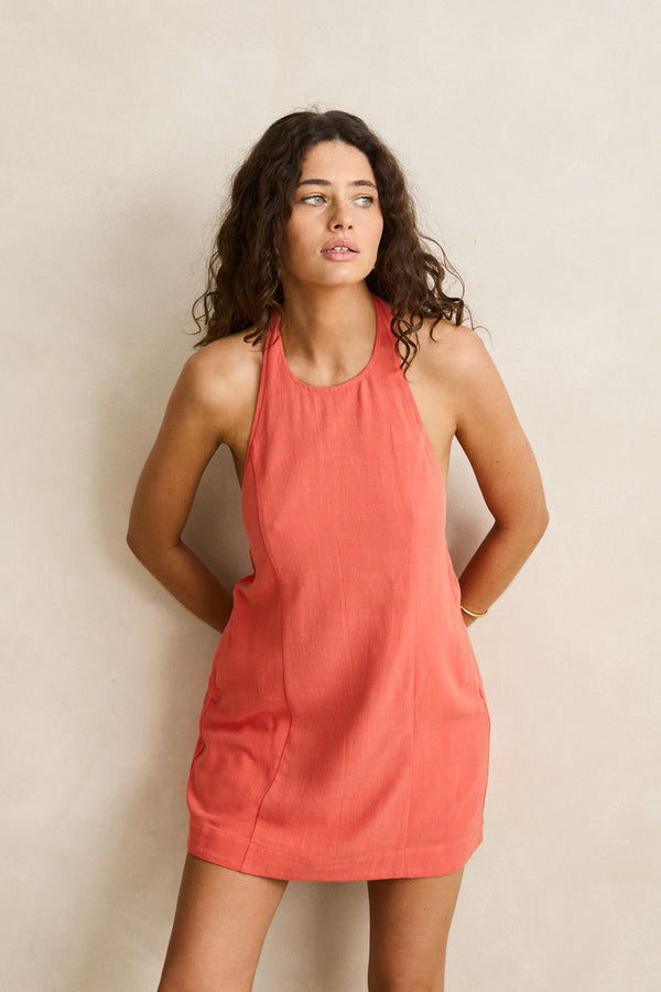 Sunny Days Halter Linen Mini Dress Citrus