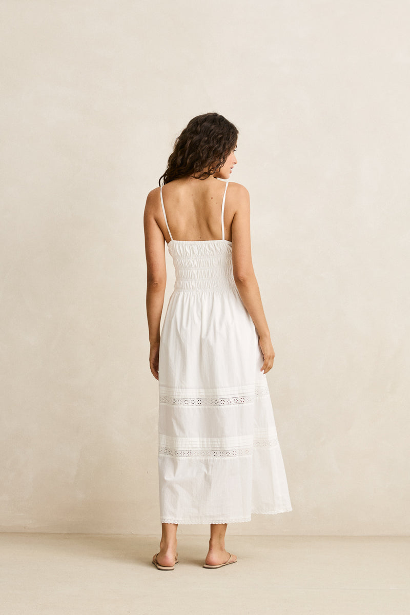 Broderie Lace Gathered Midi Dress White