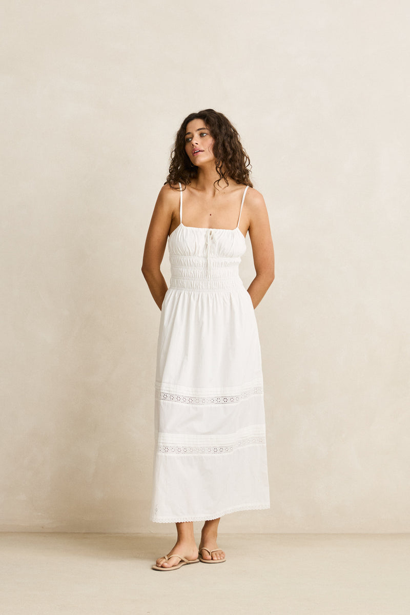 Broderie Lace Gathered Midi Dress White