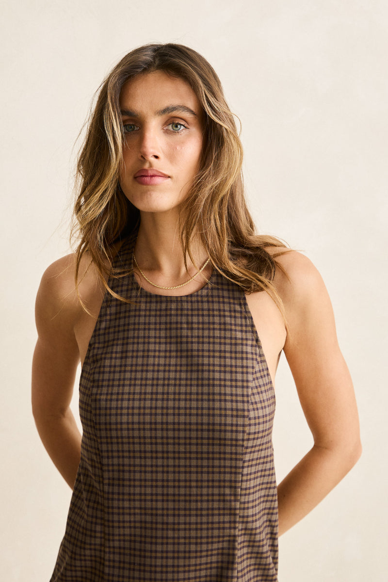 Jordy Check Halter Mini Dress Cafe