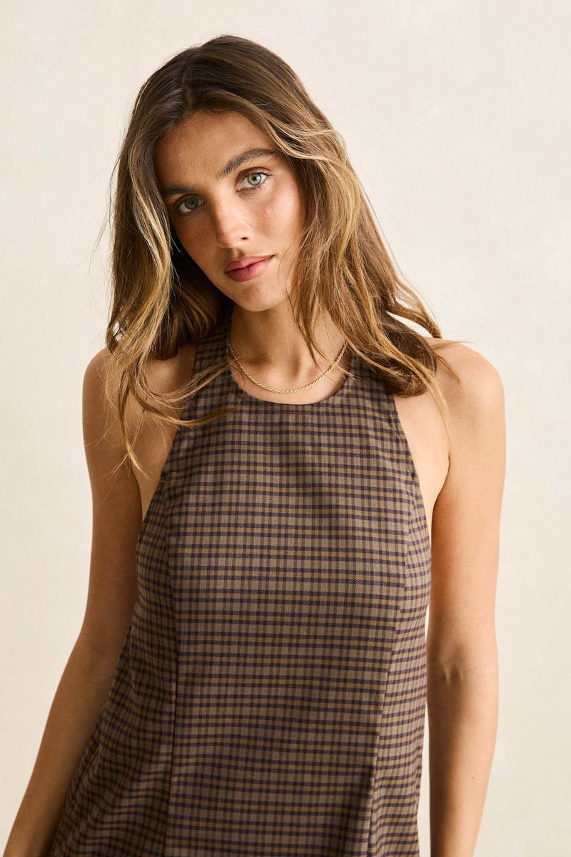 Jordy Check Halter Mini Dress Cafe
