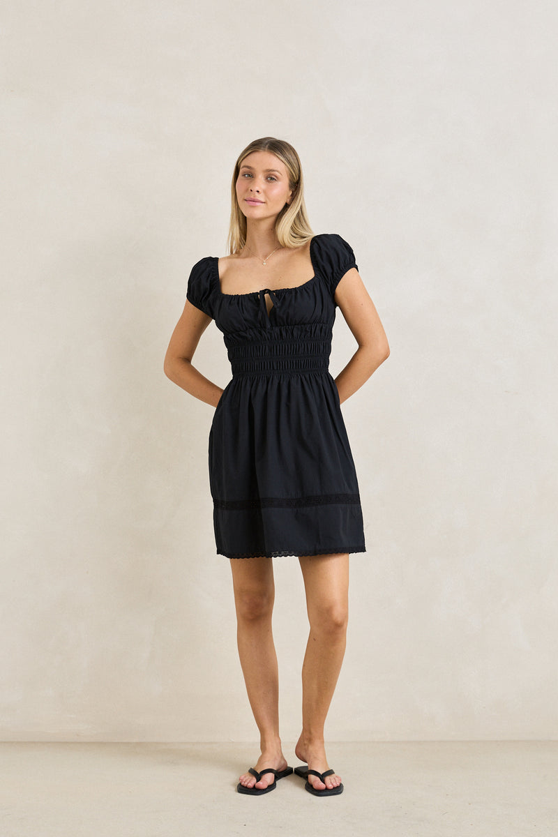 Broderie Cap Sleeve Mini Dress Black
