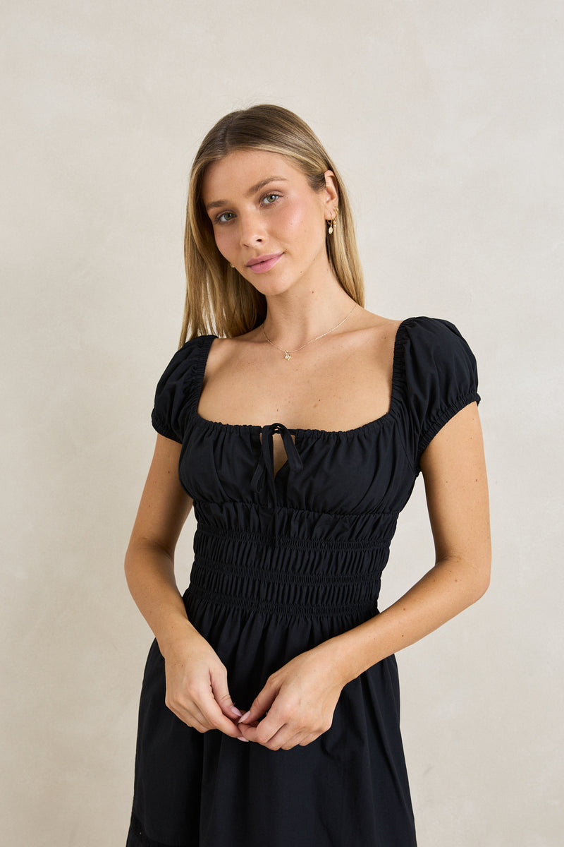 Broderie Cap Sleeve Mini Dress Black