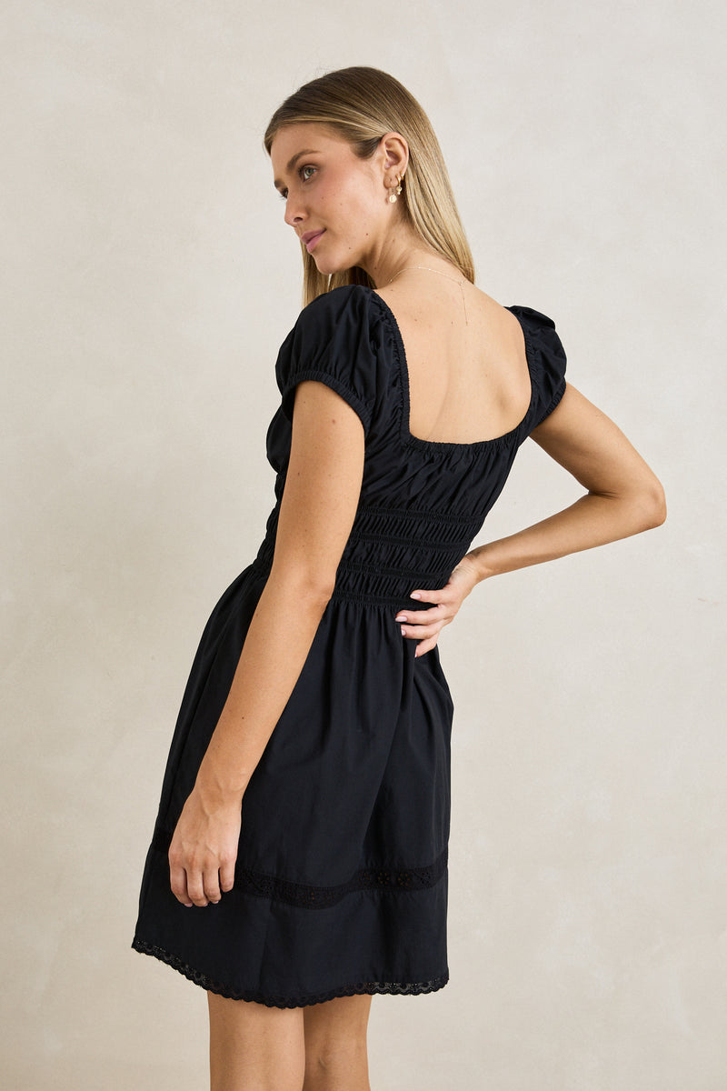 Broderie Cap Sleeve Mini Dress Black