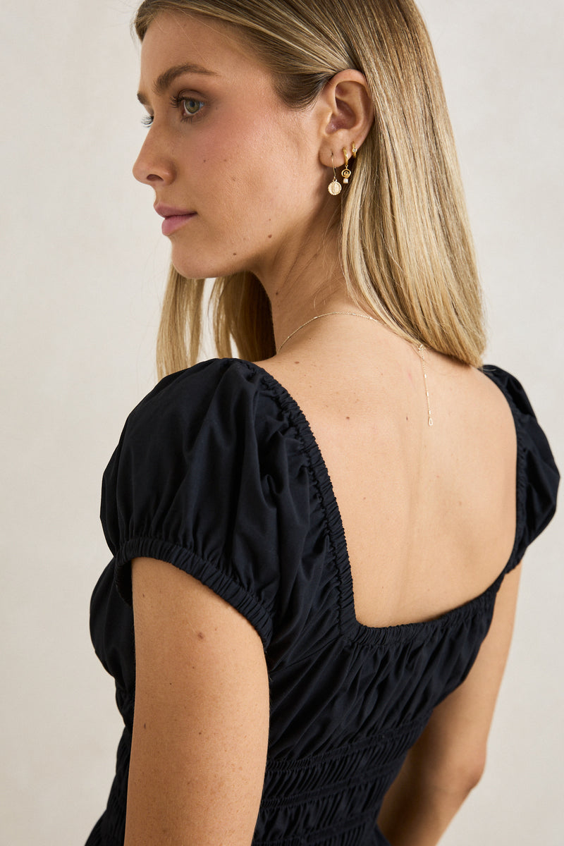 Broderie Cap Sleeve Mini Dress Black