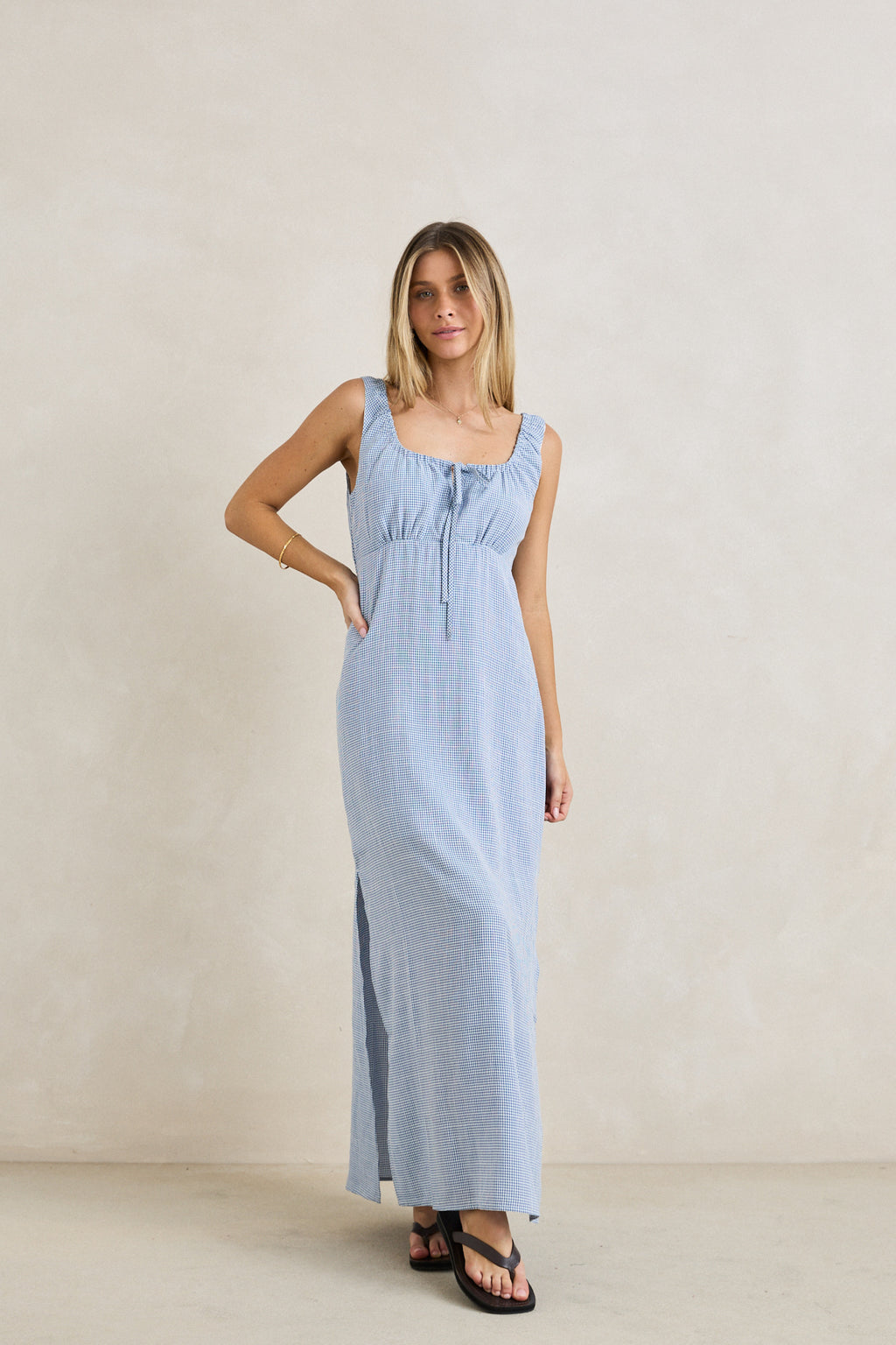 Del Rio Gathered Maxi Dress Blue Check – Rhythm
