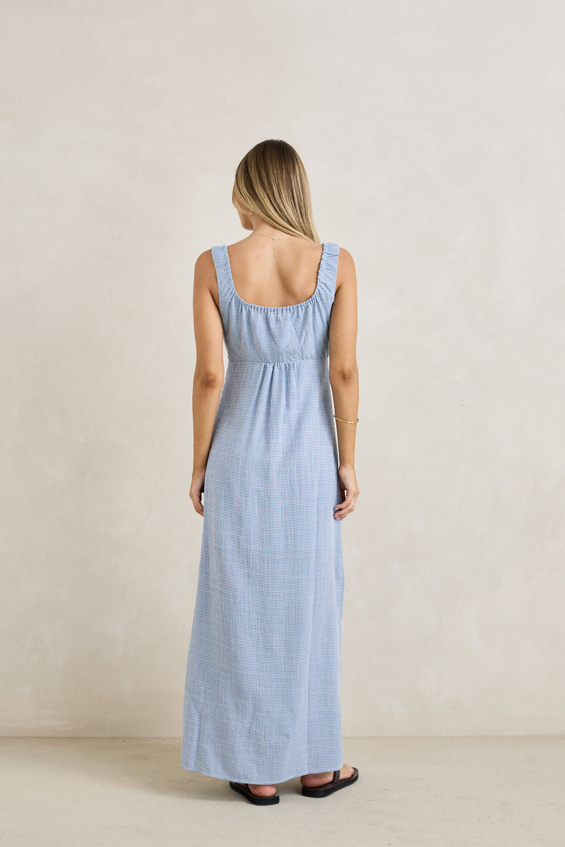 Del Rio Gathered Maxi Dress Blue Check