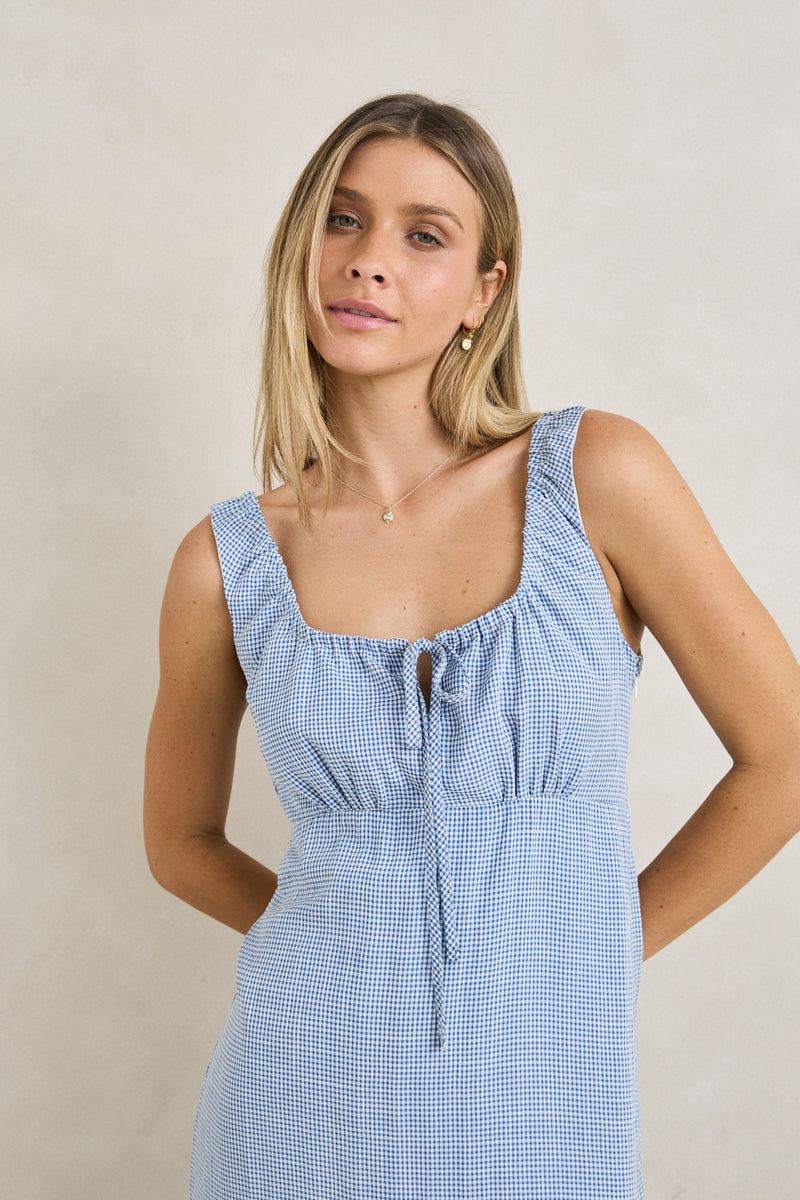 Del Rio Gathered Maxi Dress Blue Check