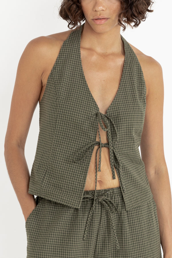 Louise Check Halter Top Olive