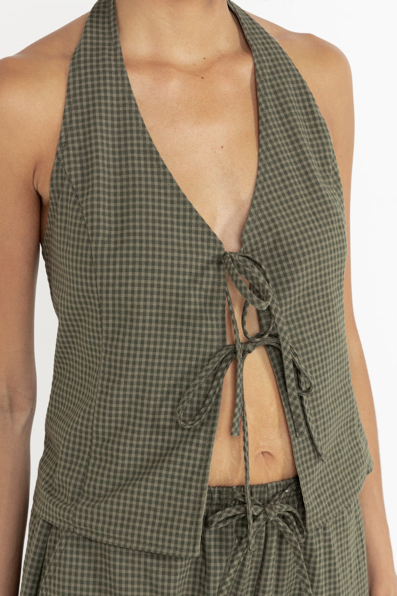 Louise Check Halter Top Olive