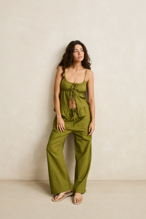 Del Mar Linen Tie Front Top Dill