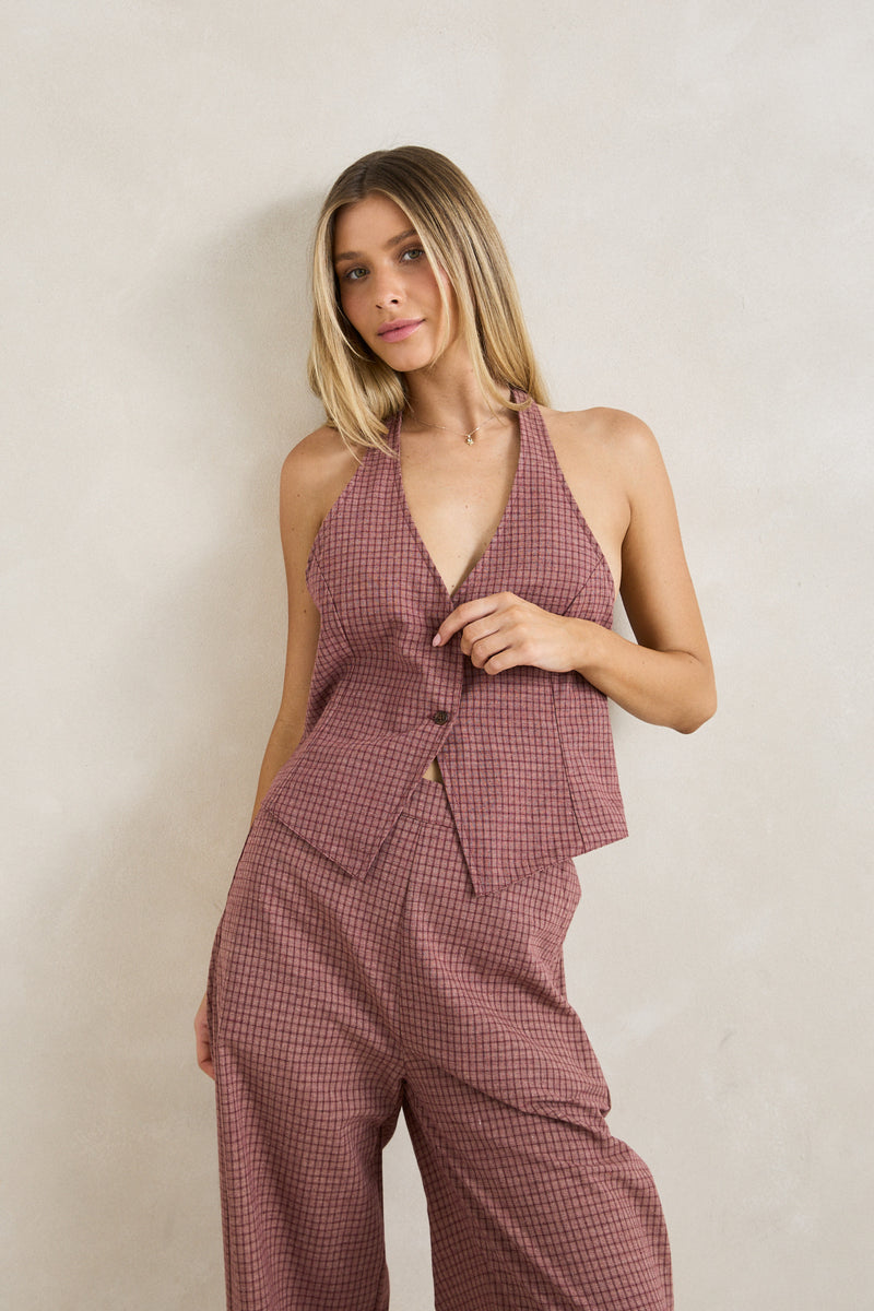 Lucy Check Halter Vest Rust
