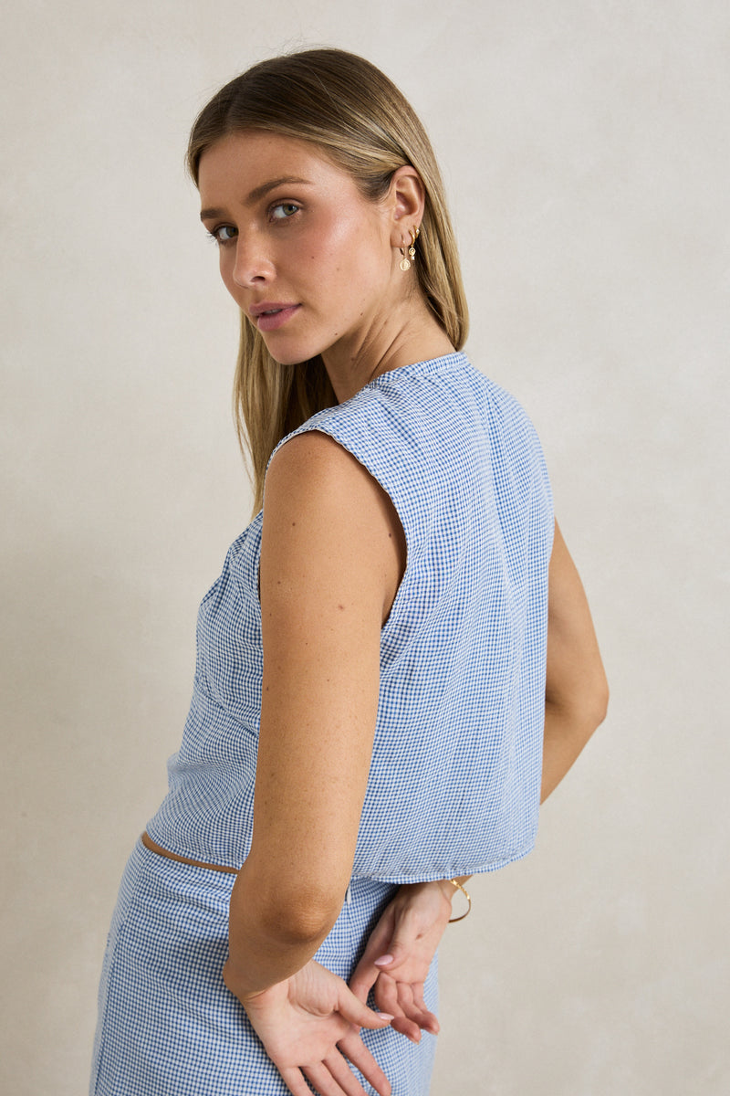 Del Rio Gathered Top Blue Check